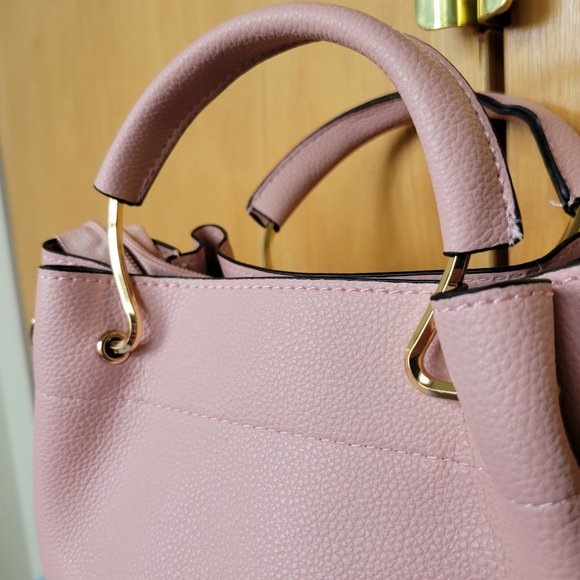NEW Pink Leather Handbag Crossbody Cute Purse Gold Accent Tote Bag Detach Strap - Picture 9 of 10